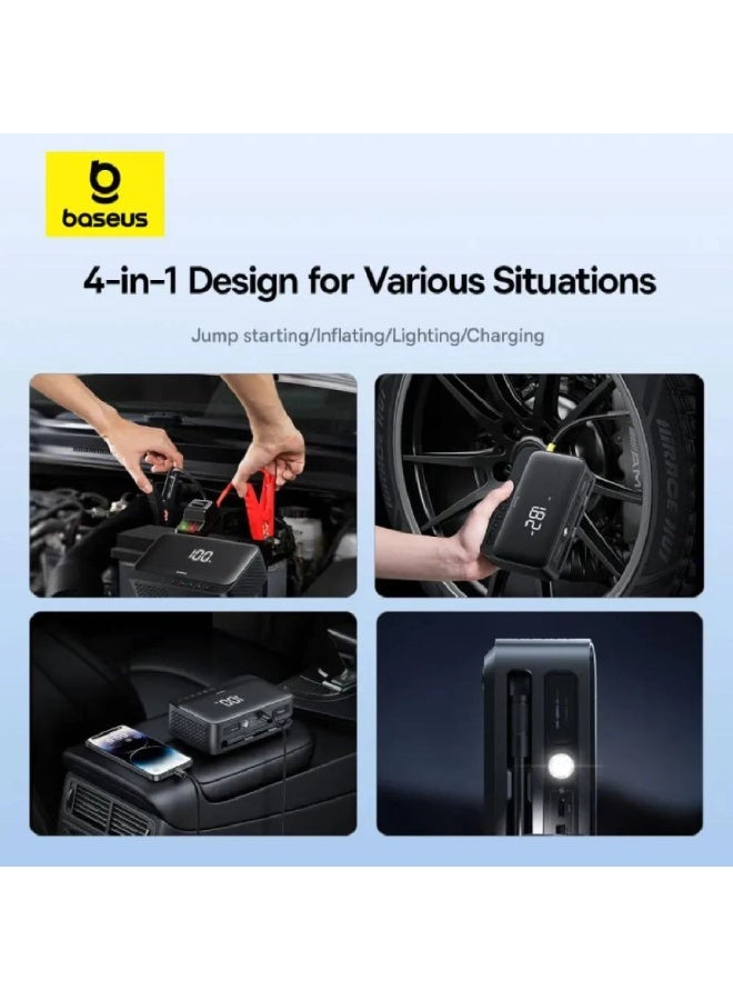 بيسوس باك بطارية قوة بدء التشغيل من Baseus 6000mAh 4 في 1 مع مصباح يدوي وضاغط أسود - Image 3